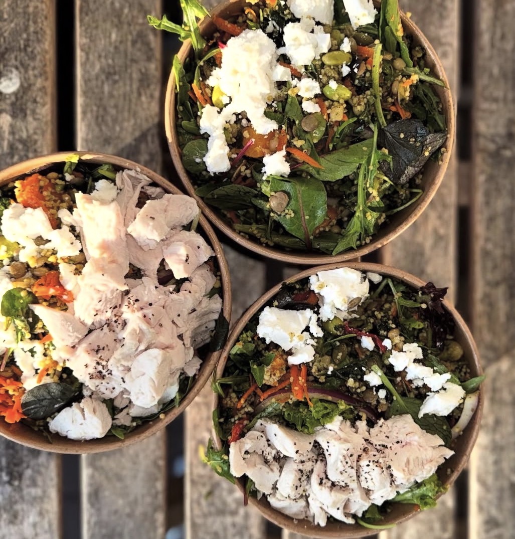 Poached chicken and halloumi salad bowls