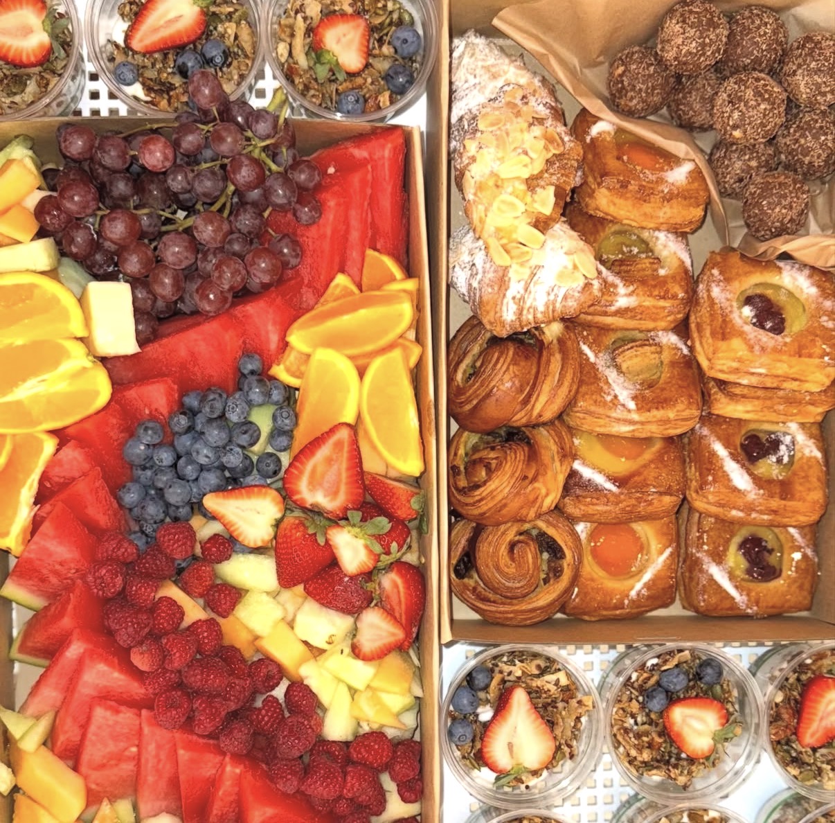 Fruit platter, pastries and grazing boxes